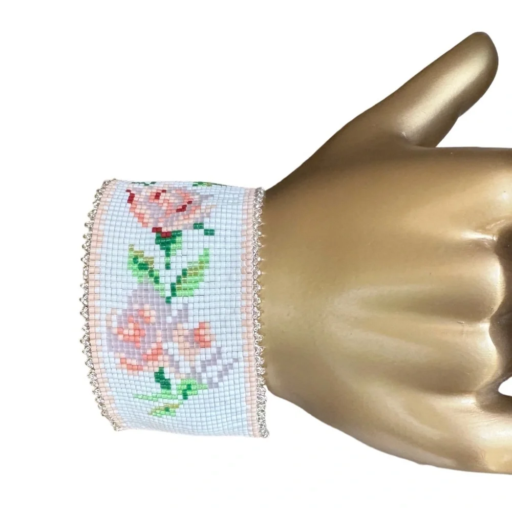 COPY - Handcrafted loom cuff bracelet roses on white w/silver beaded border adj…